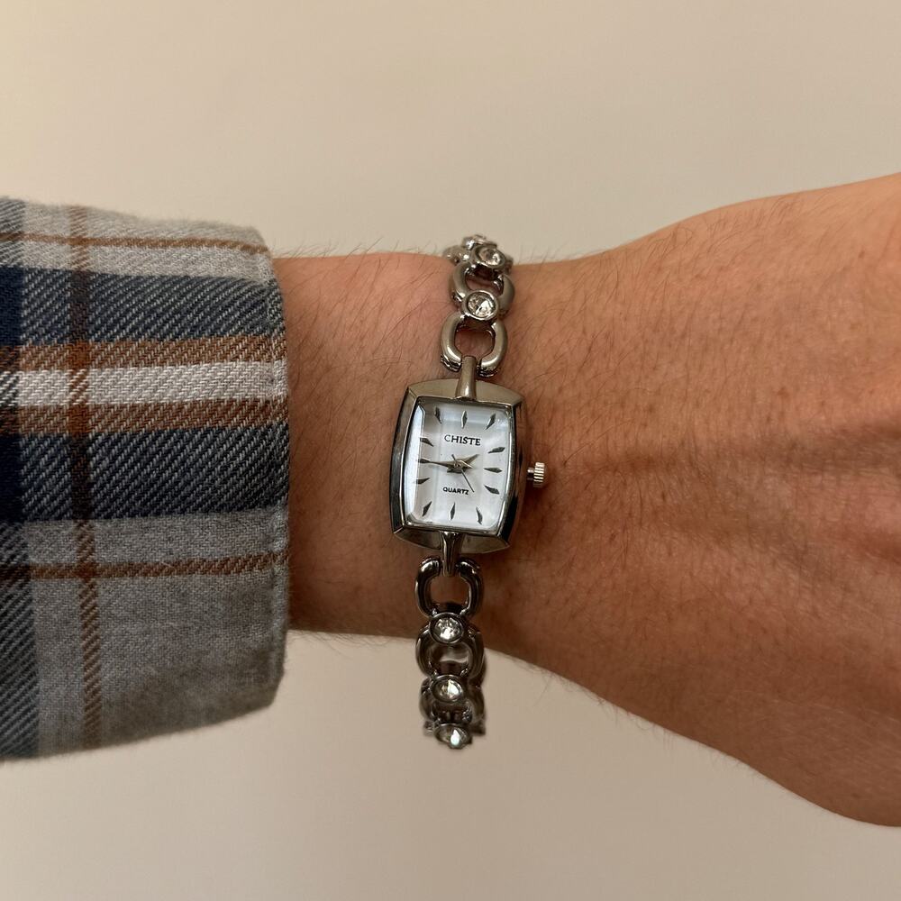 Y2K Silver Rhinestone Link Quartz Watch Dainty Vintage Unisex 8.5" New